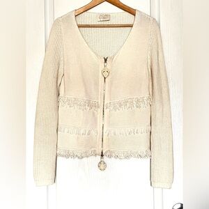 ELISA CAVALETTI Cream Knit Fringe Zip Cardigan Sz M Shabby Chic Eclectic Grandpa